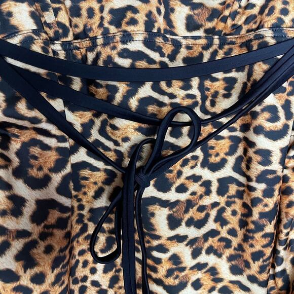 ASOS Leopard Print Black Brown Belted One Piece Deep V Neck Bathing Suit Size 6 - Picture 2 of 7